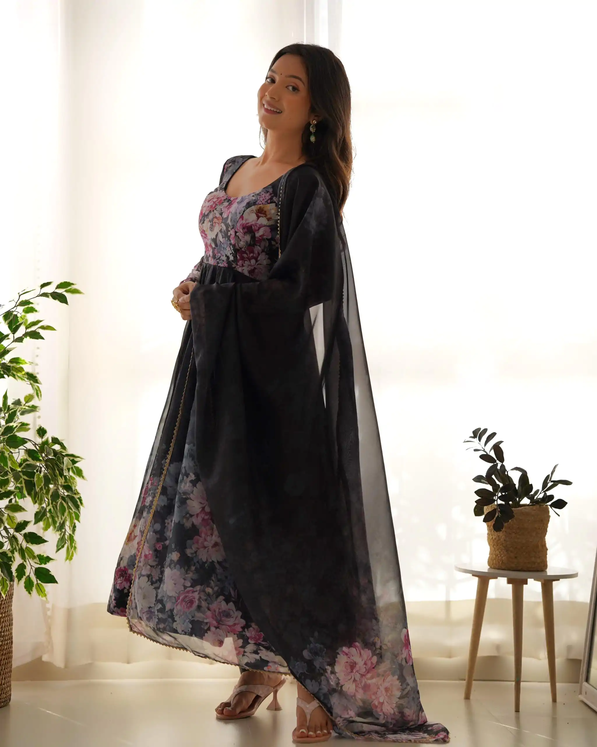 KB 261 Black Color Soft Organza Silk Print With Kali Gown Casual, Wedding, Party, Festive, Events Etc.4-6 Working Days@ 1999/-only | Gowns, Bollywood Gowns, Creative Gowns, Designer Gowns, Embroidered Gowns, Party Wear Gowns