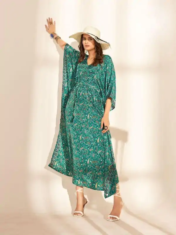 Stylist Blue Color Heavy French Crape Print Kaftan Suit