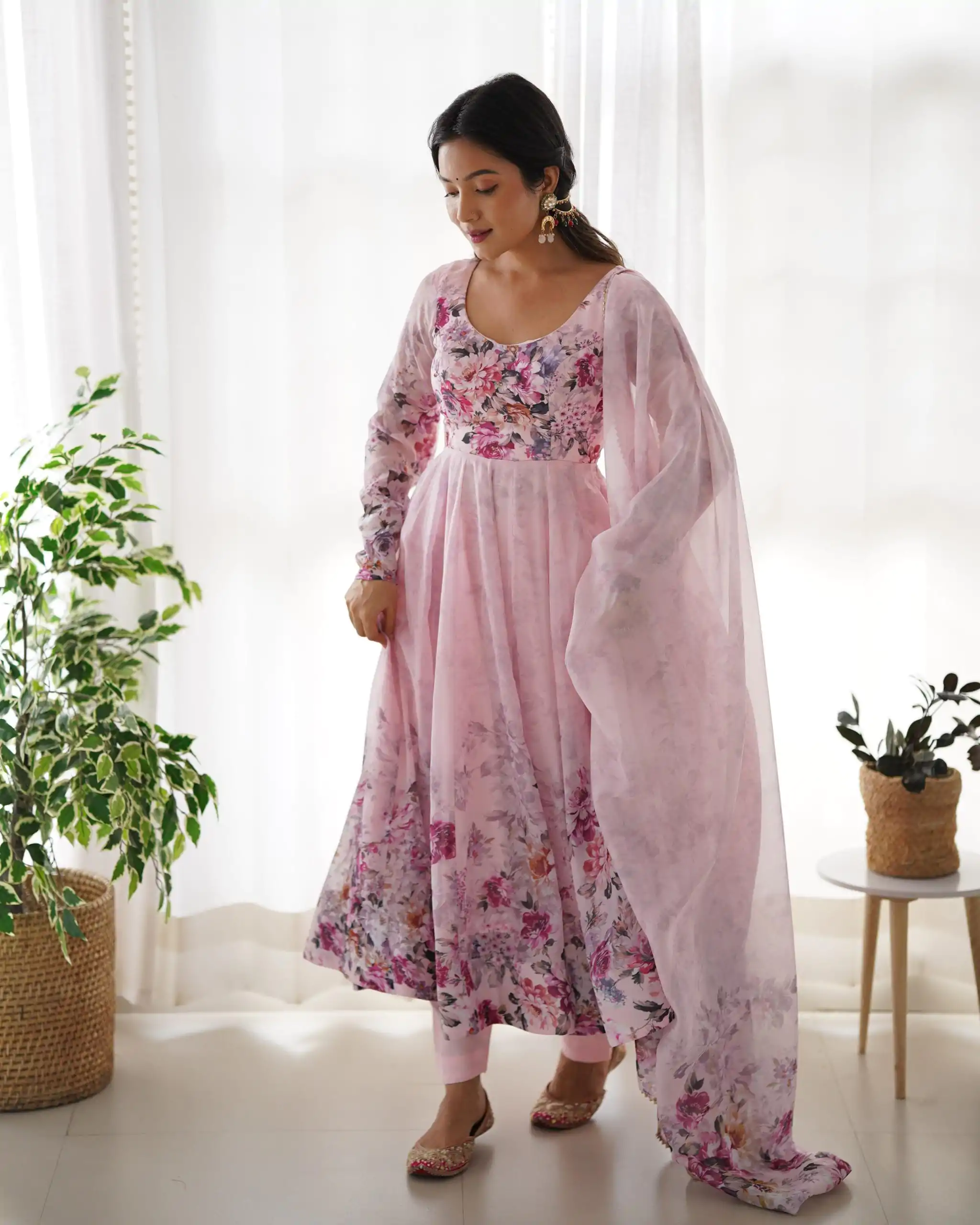 Pink Soft Organza Silk Print With Kali Gown - Image 2