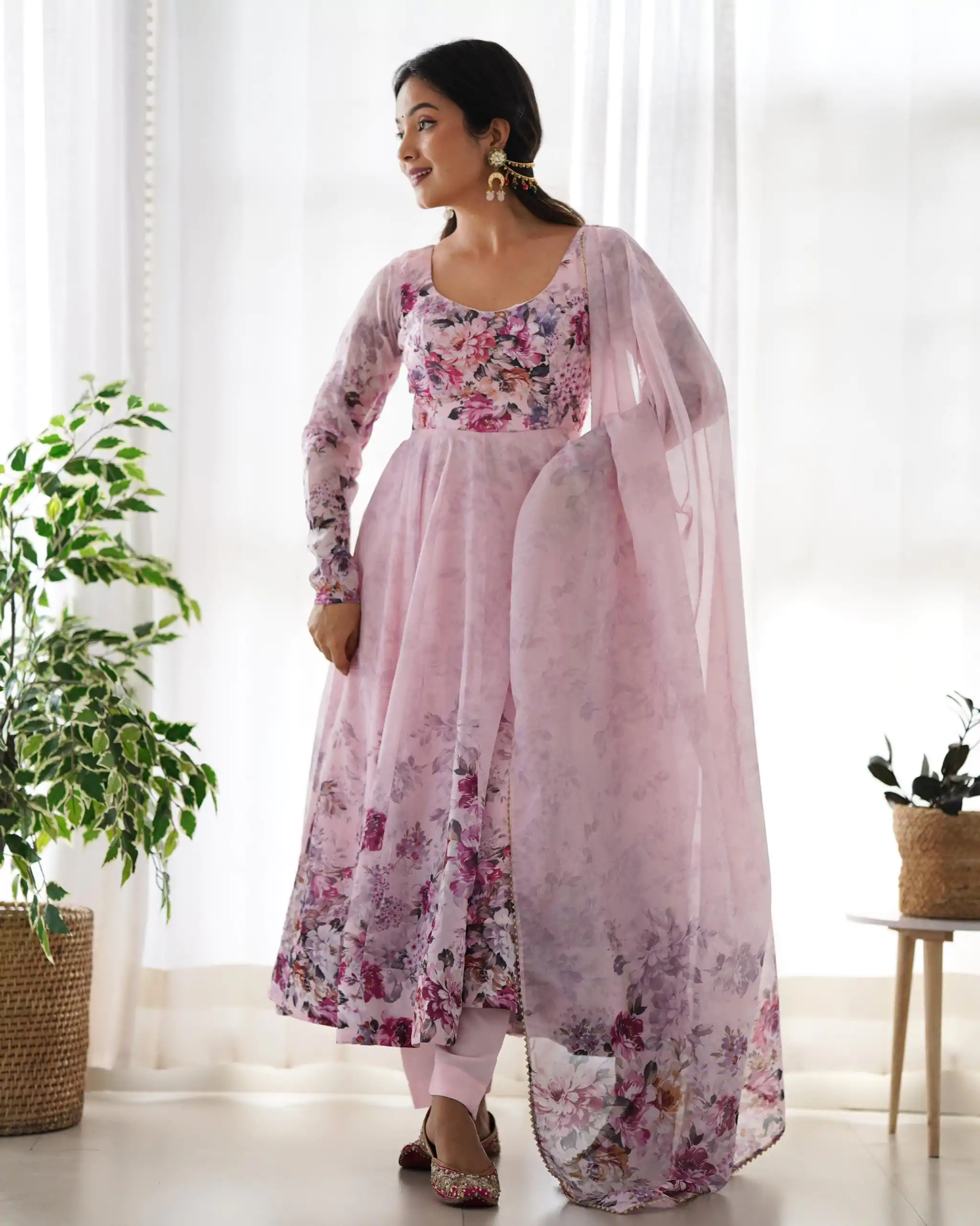 Pink Soft Organza Silk Print With Kali Gown - Image 3