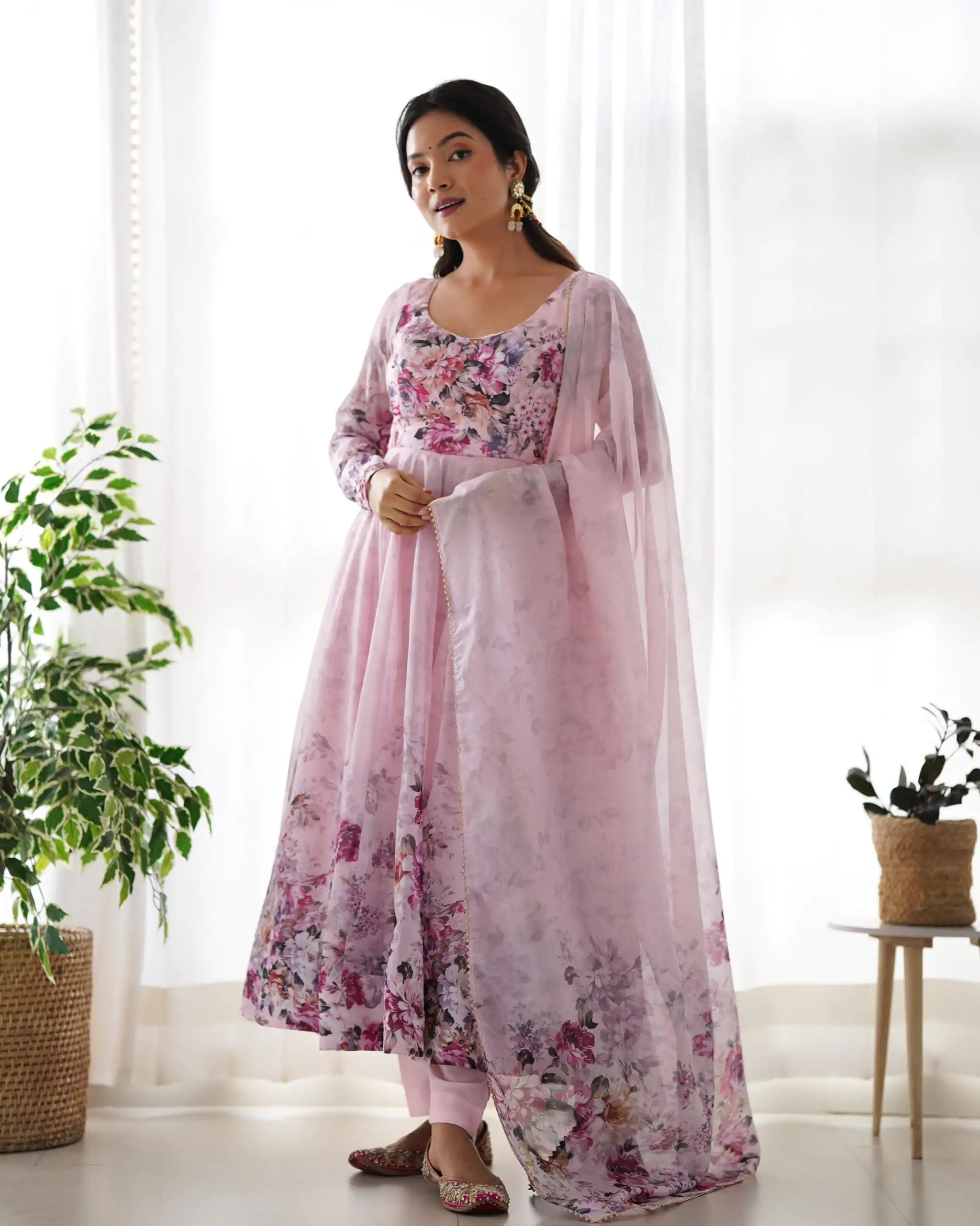 Stylist Pink Color Soft Organza Silk Print With Kali Gown