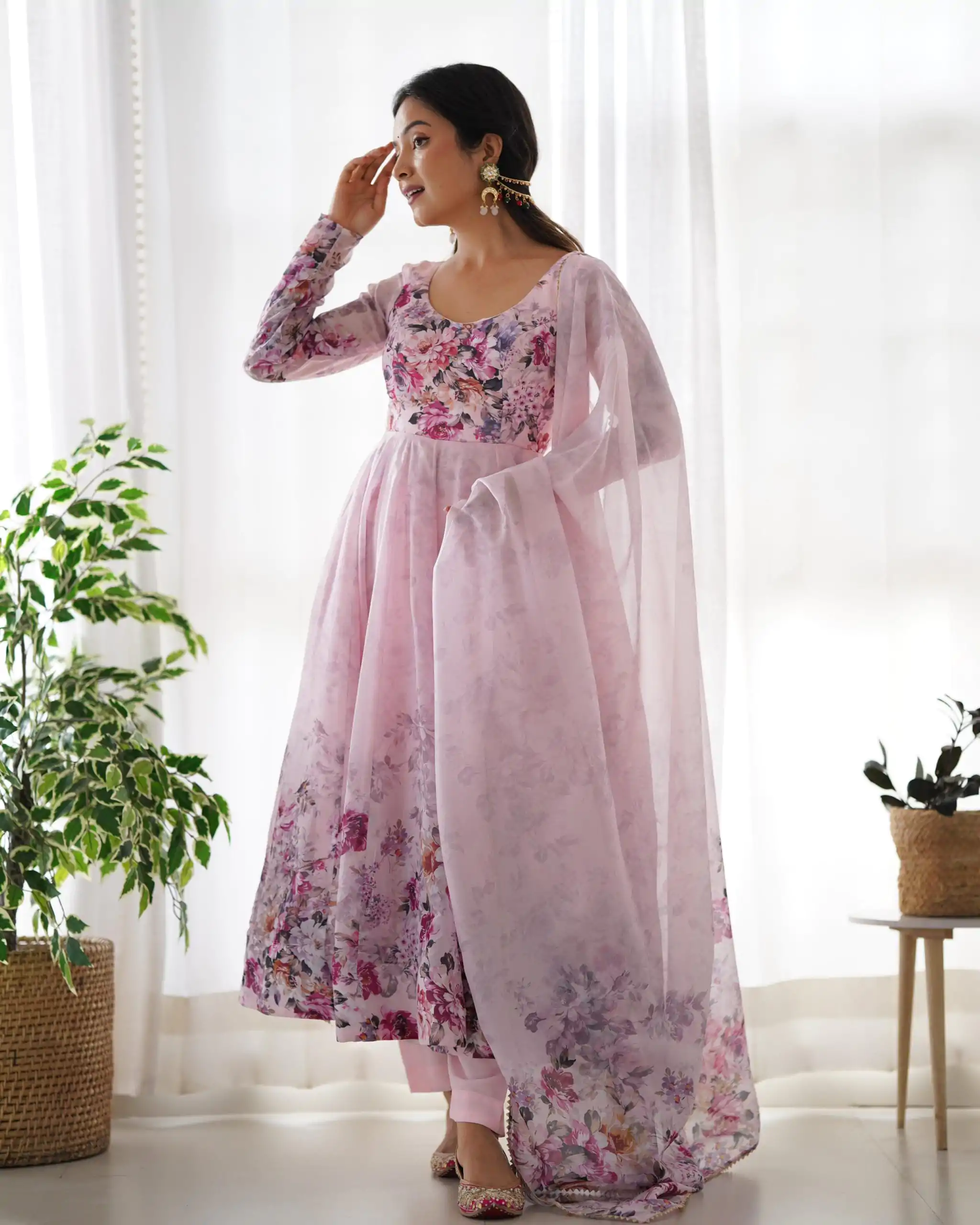 Pink Soft Organza Silk Print With Kali Gown - Image 4