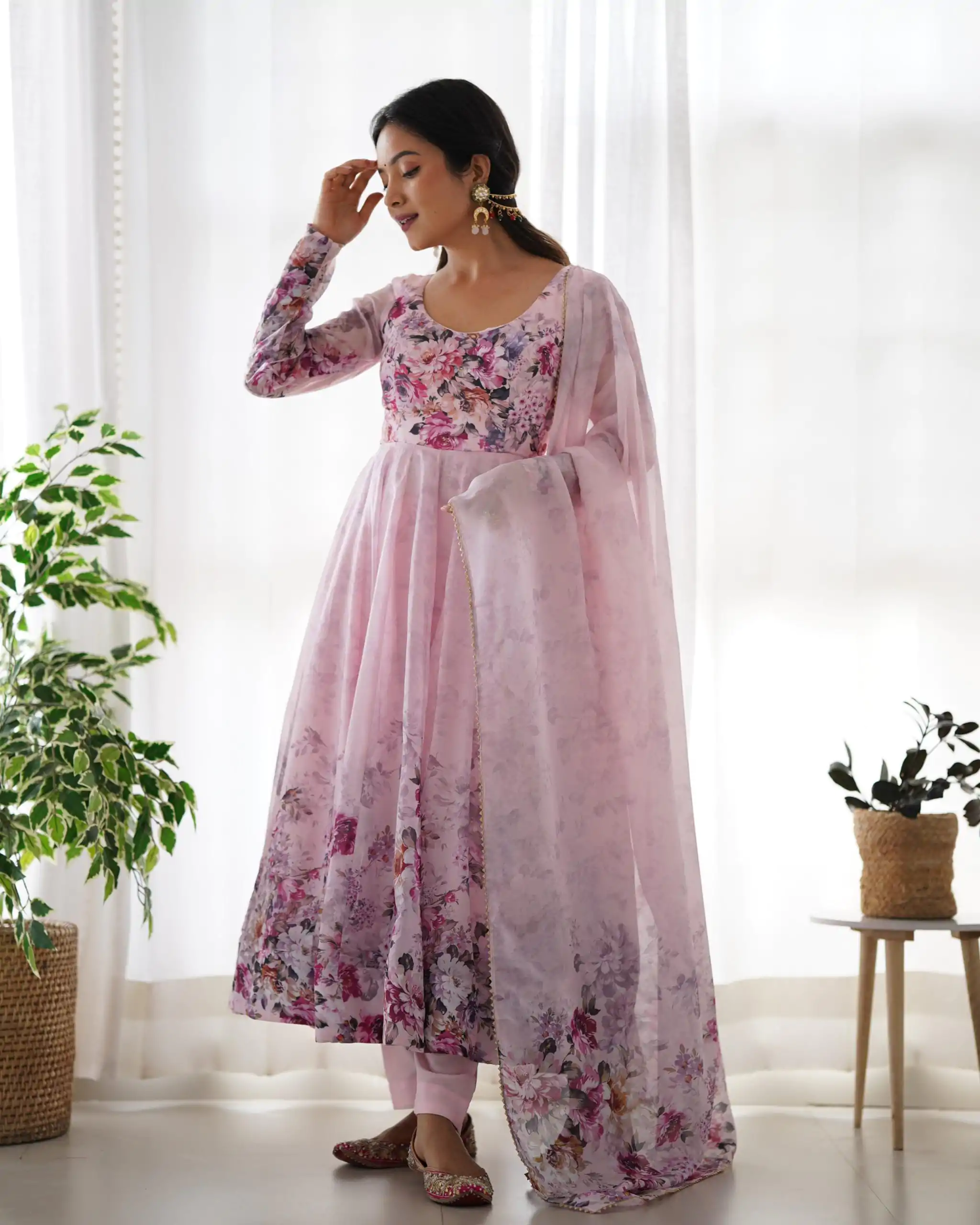 Pink Soft Organza Silk Print With Kali Gown - Image 5