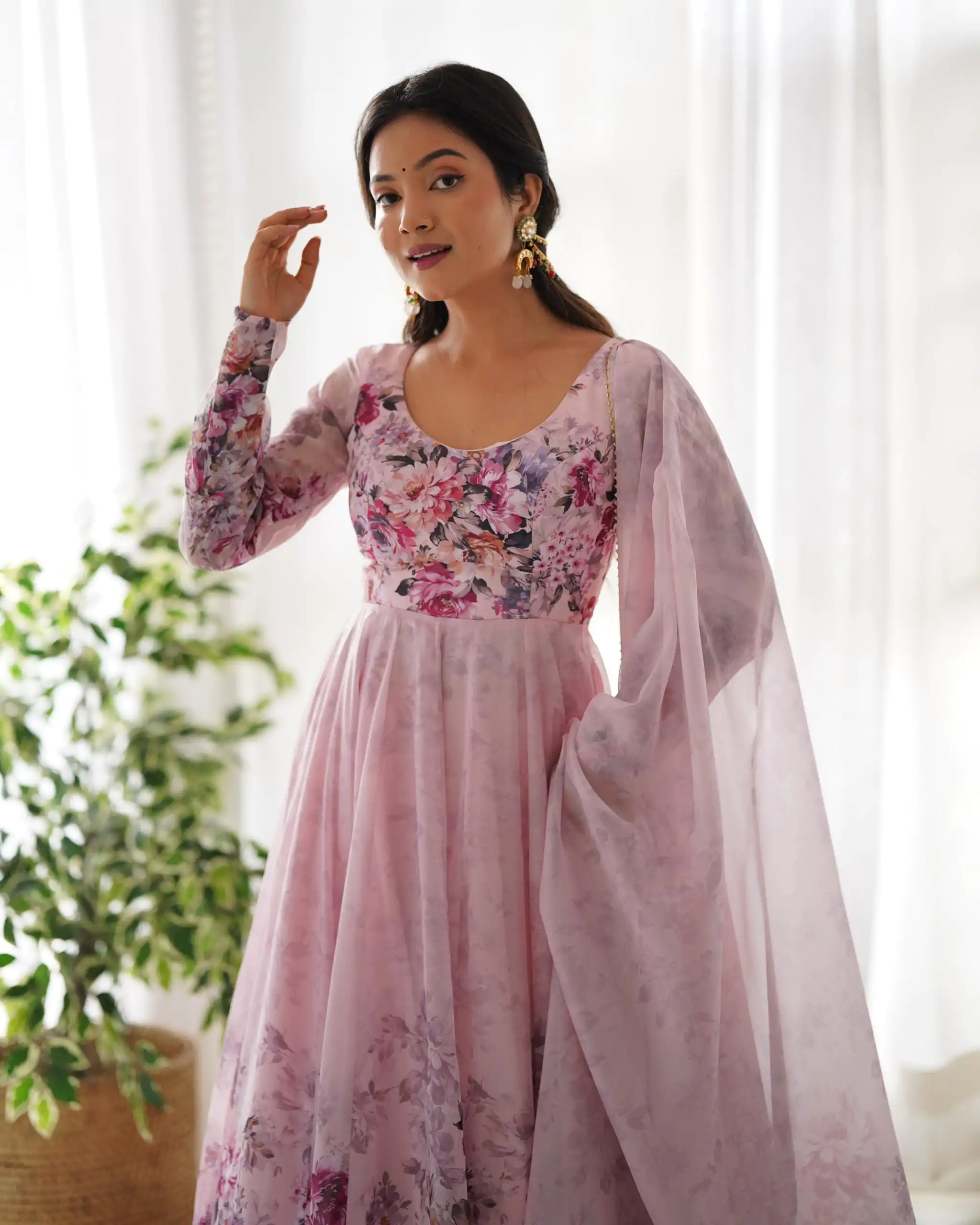 Pink Soft Organza Silk Print With Kali Gown - Image 6