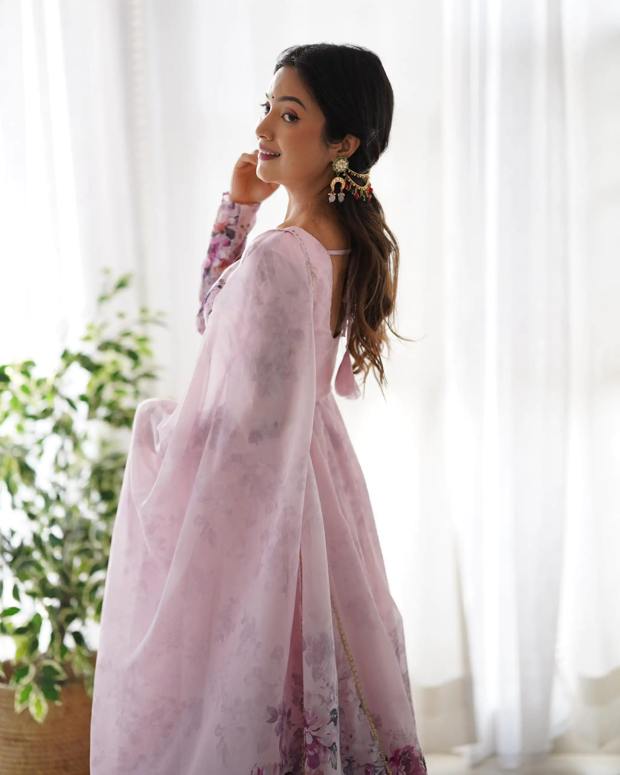 Pink Soft Organza Silk Print With Kali Gown - Image 7