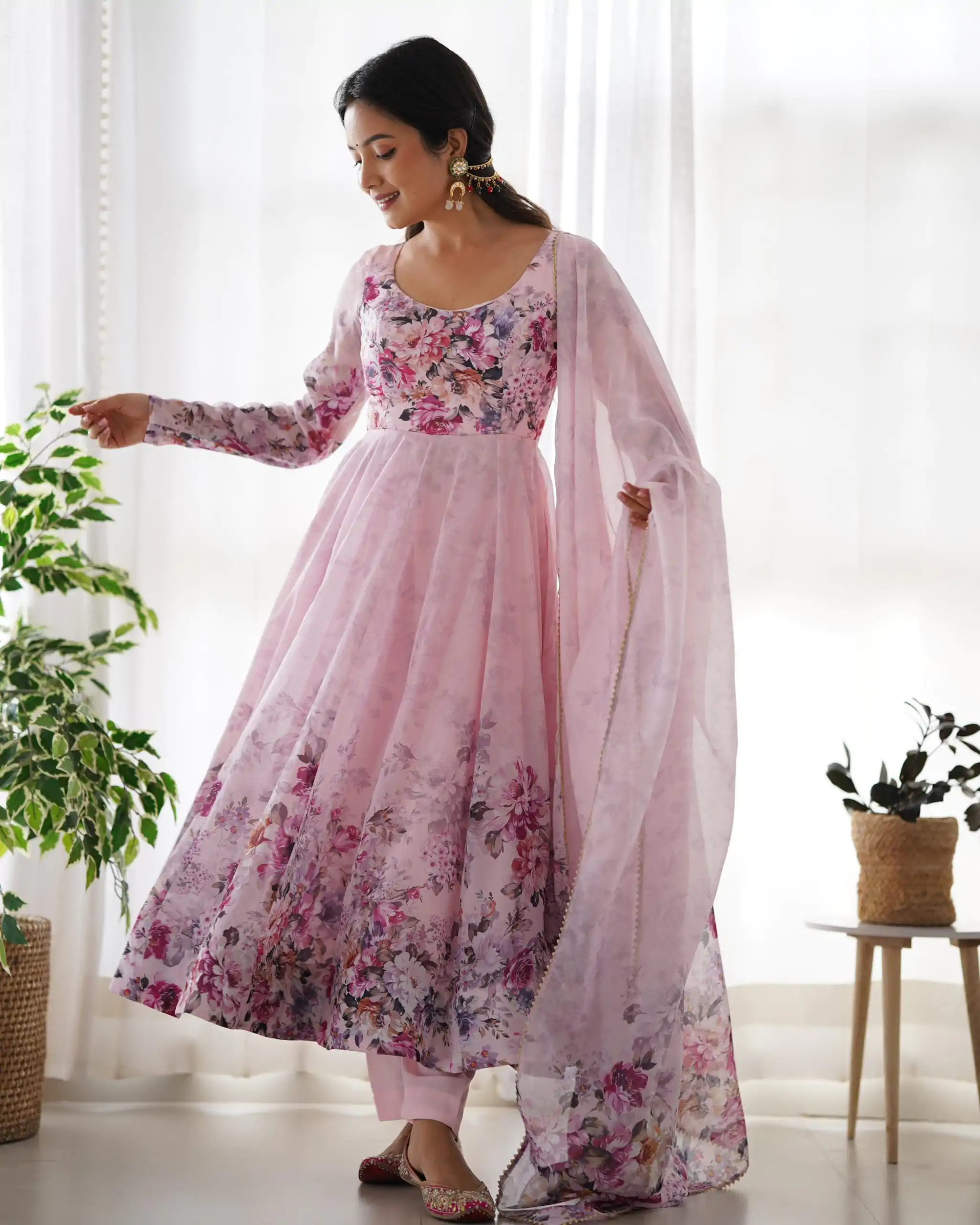 Pink Soft Organza Silk Print With Kali Gown - Image 8