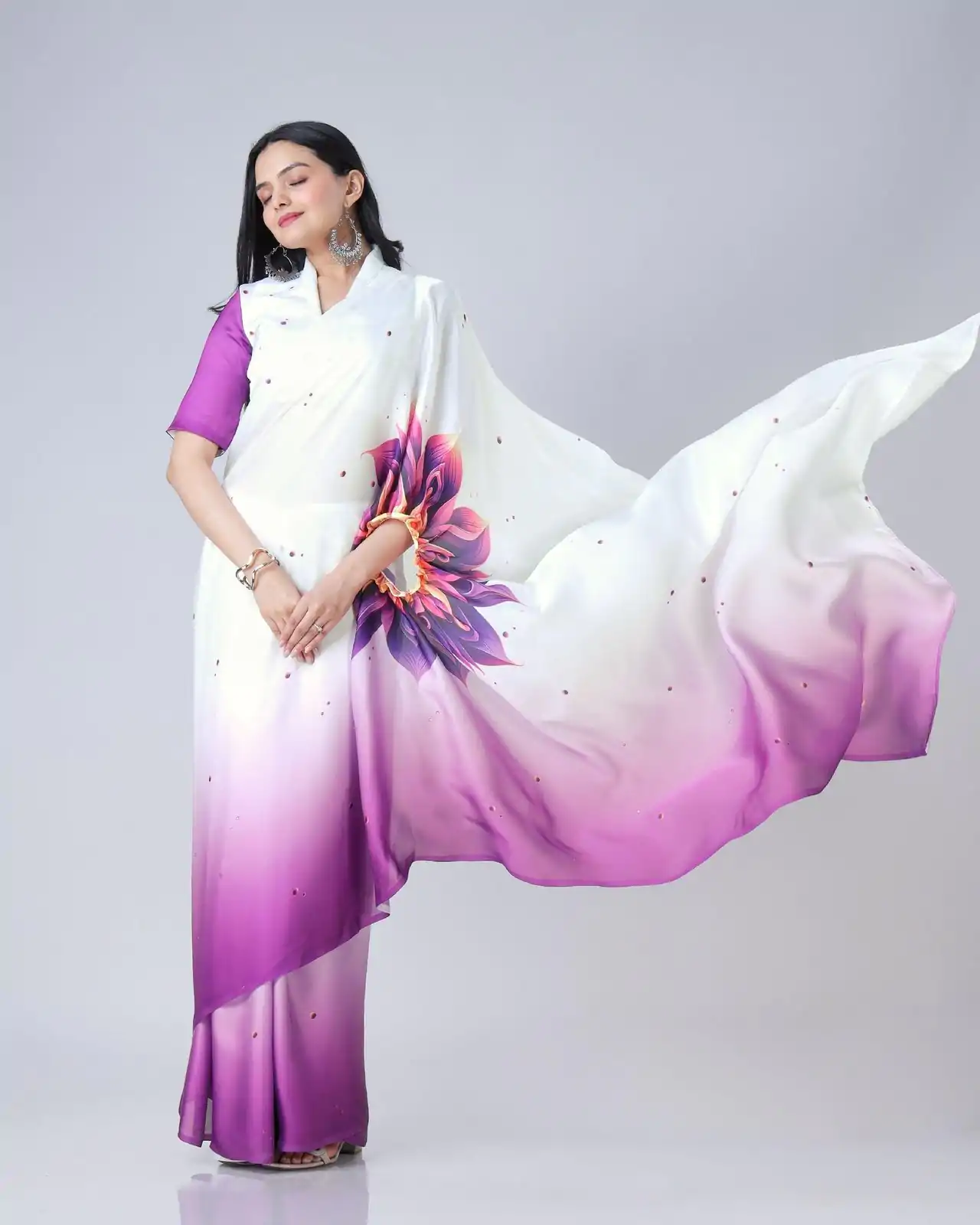 ST 1102 Purple White Color Japan Satin Digital Print Work Saree Casual, Wedding, Festive, Events . Expected Delivery  4-6 Working Days @1849/- only      | Sarees, Bollywood Sarees, Creative Sarees, Designer Sarees, Embroidered Sarees, Ethnic Saree, Modern Digital sarees, Party Wear Sarees