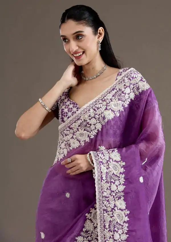 Purple Gold Crush Sequins Work Border Saree - Image 3
