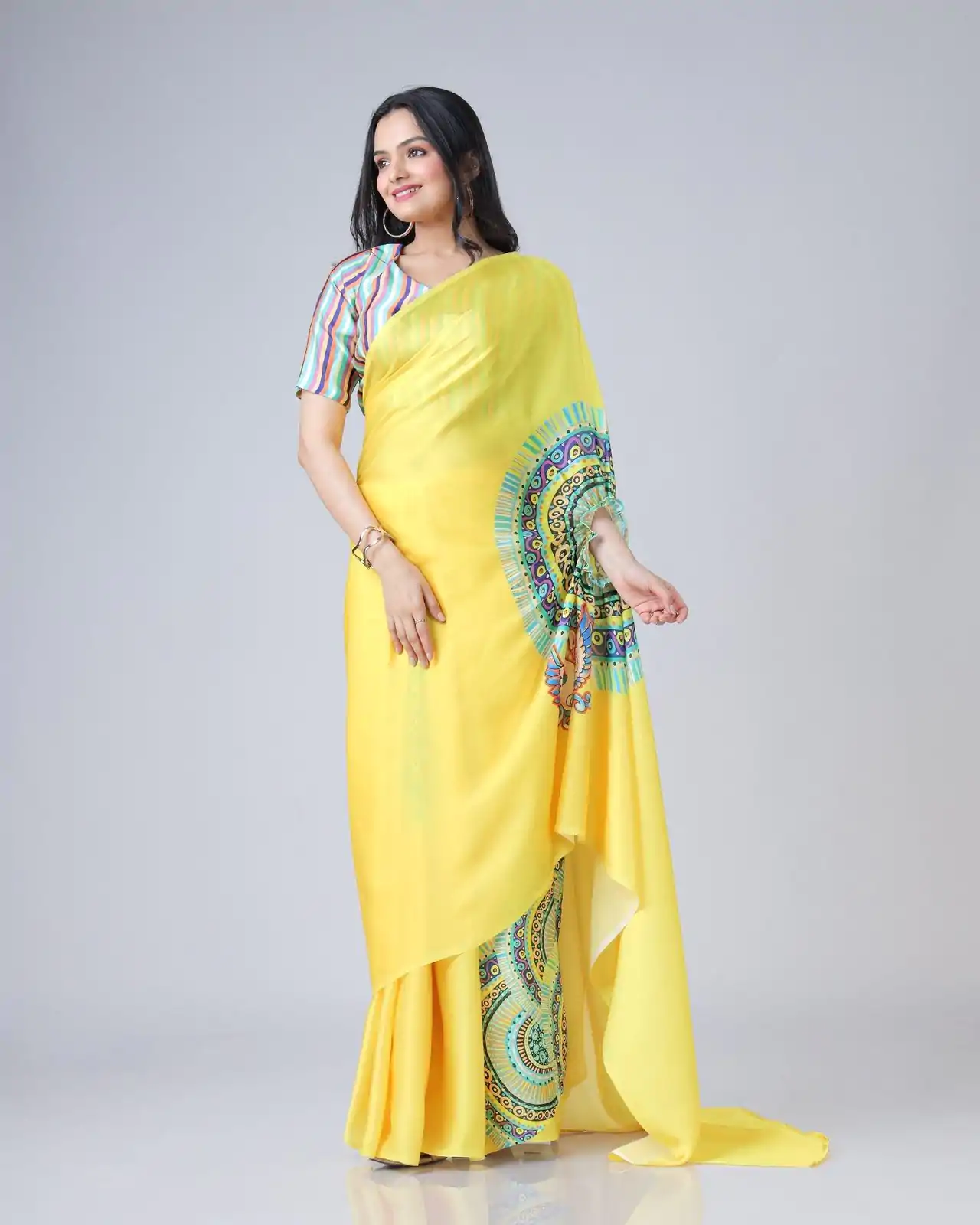ST 1102 Yellow Color Japan Satin Digital Print Work Saree Casual, Wedding, Festive, Events . Expected Delivery  4-6 Working Days @1849/- only      | Sarees, Bollywood Sarees, Creative Sarees, Designer Sarees, Embroidered Sarees, Ethnic Saree, Modern Digital sarees, Party Wear Sarees