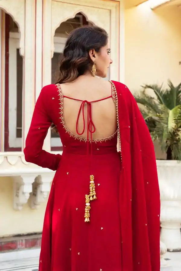 Red Georgette Handwork Real Diamond Salwar Suit - Image 4