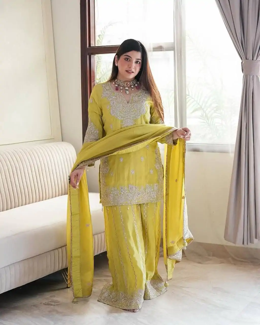 SSR 5002 Lemon Yellow Color Chinon Sequence Rivet Moti Salwar Suit Casual, Wedding, Festive, Events . Expected Delivery  4-6 Working Days @2149/- only      | Jump Suits, Salwar suit, Casual Suits, Creative suits, Designer Suits, Palazzo Suits, Party Wear Suits, Patiala Suits, Straight Suits