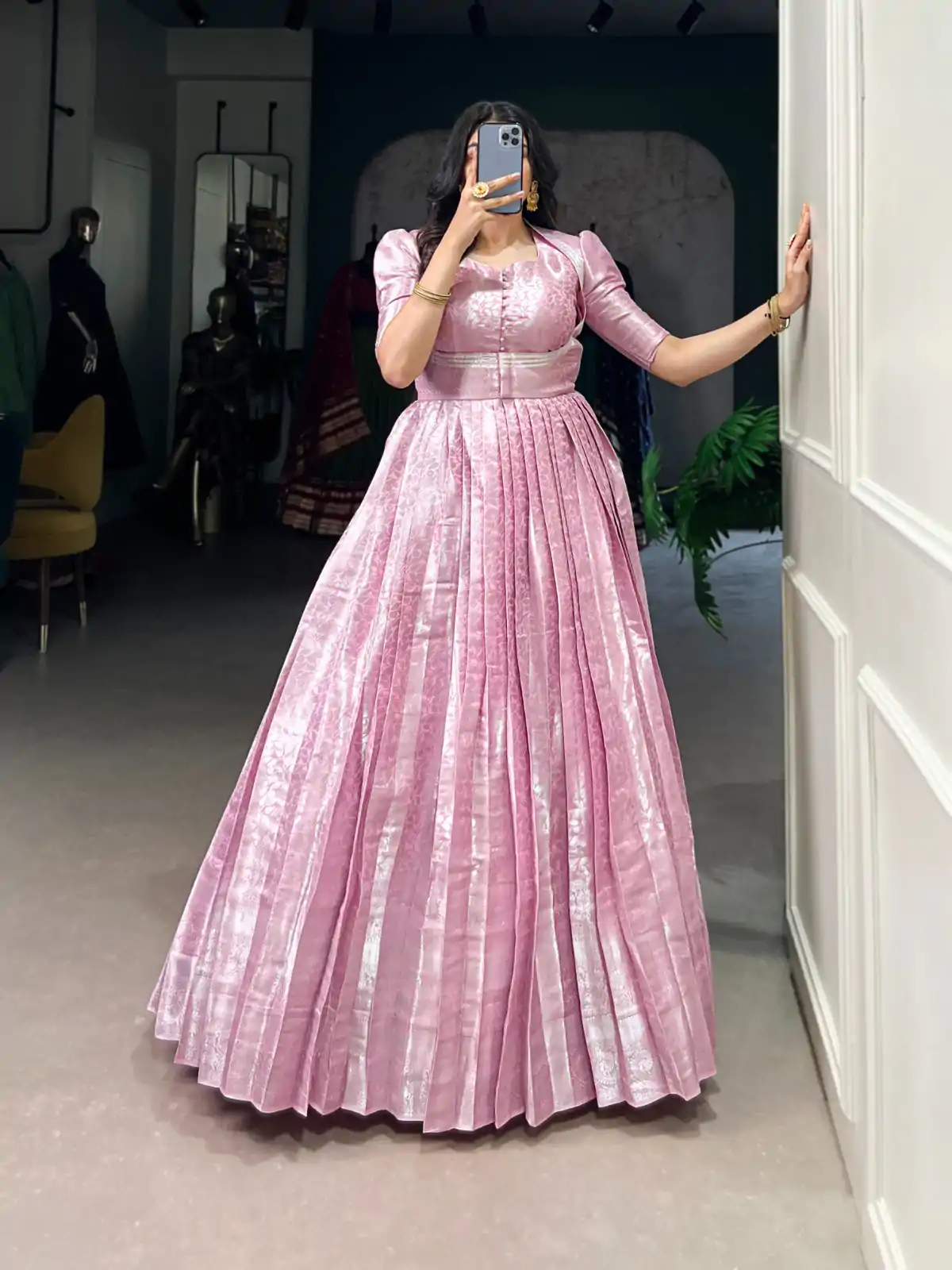 YNF 5321 Pink Color Kanjivaram Zari Weaving Work Gown Casual, Wedding, Festive, Events . Expected Delivery  4-6 Working Days @1999/- only      | Gowns, Bollywood Gowns, Creative Gowns, Designer Gowns, Embroidered Gowns, Party Wear Gowns