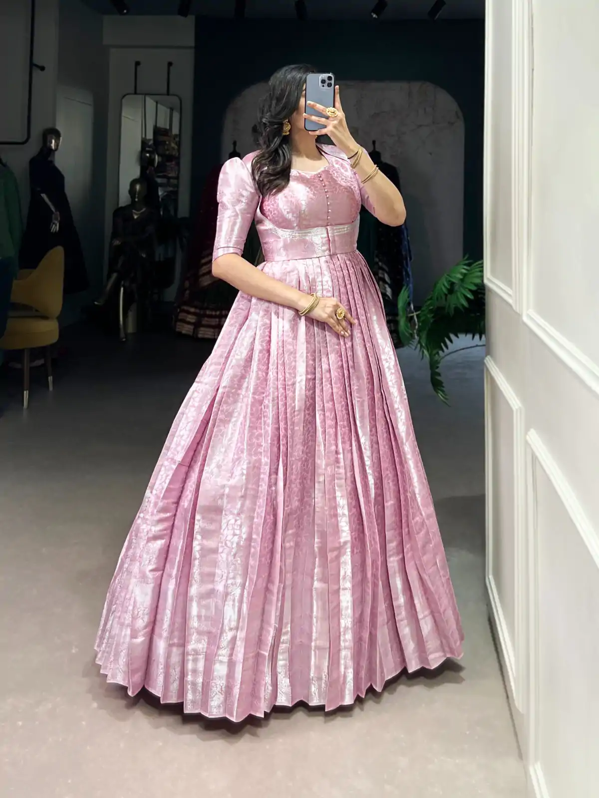 YNF 5321 Pink Color Kanjivaram Zari Weaving Work Gown Casual, Wedding, Festive, Events . Expected Delivery  4-6 Working Days @1999/- only      | Gowns, Bollywood Gowns, Creative Gowns, Designer Gowns, Embroidered Gowns, Party Wear Gowns