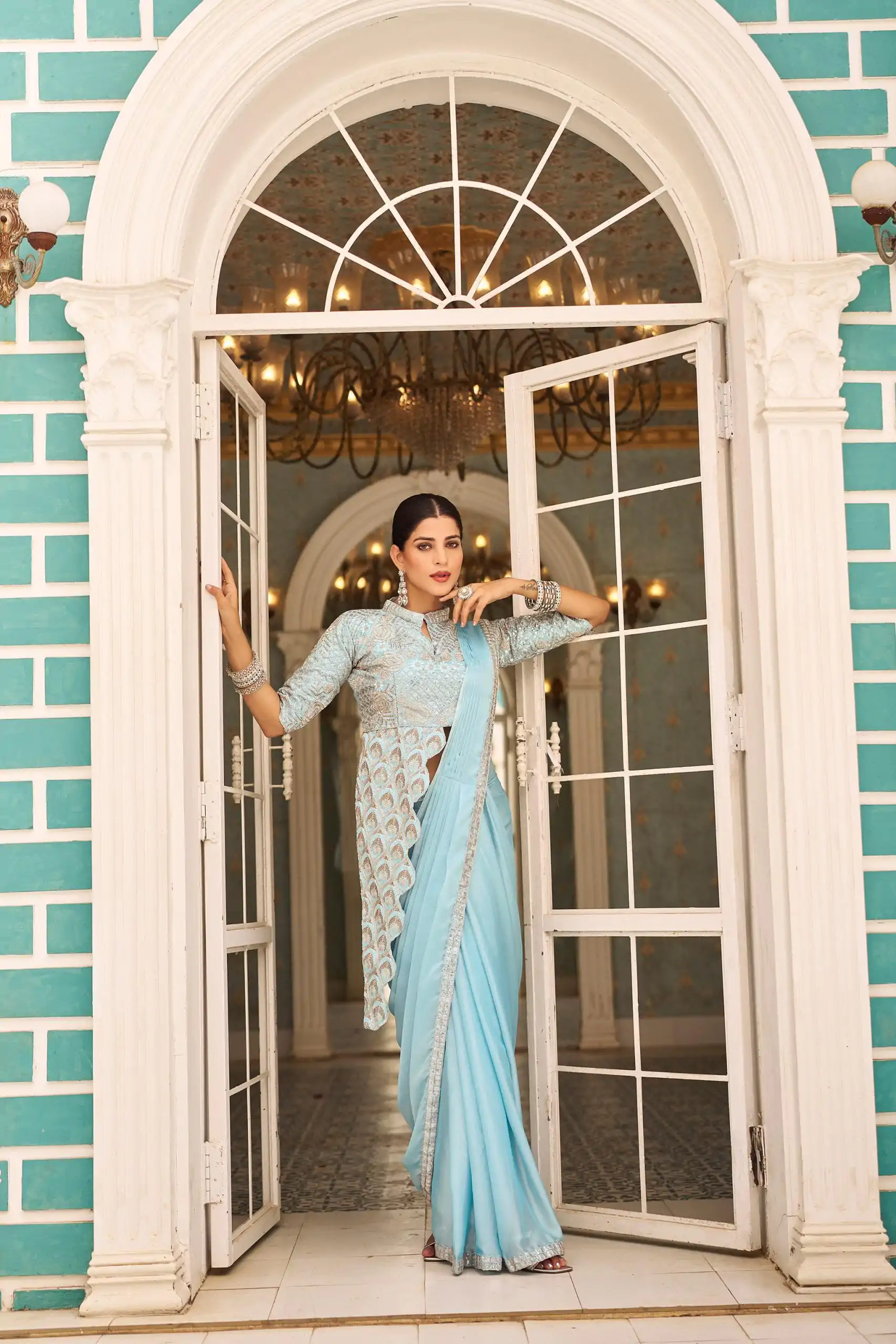 ST 1103 Sky Blue Color Chinon Embroidery Work Lace Border Saree Casual, Wedding, Festive, Events . Expected Delivery  4-6 Working Days @2099/- only                                                                                                                                           | Sarees, Bollywood Sarees, Creative Sarees, Designer Sarees, Embroidered Sarees, Ethnic Saree, Modern Digital sarees, Party Wear Sarees