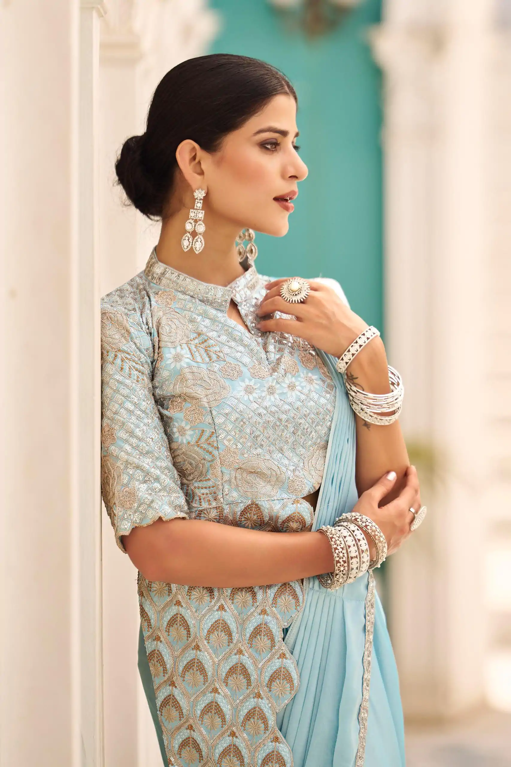 ST 1103 Sky Blue Color Chinon Embroidery Work Lace Border Saree Casual, Wedding, Festive, Events . Expected Delivery  4-6 Working Days @2099/- only                                                                                                                                           | Sarees, Bollywood Sarees, Creative Sarees, Designer Sarees, Embroidered Sarees, Ethnic Saree, Modern Digital sarees, Party Wear Sarees