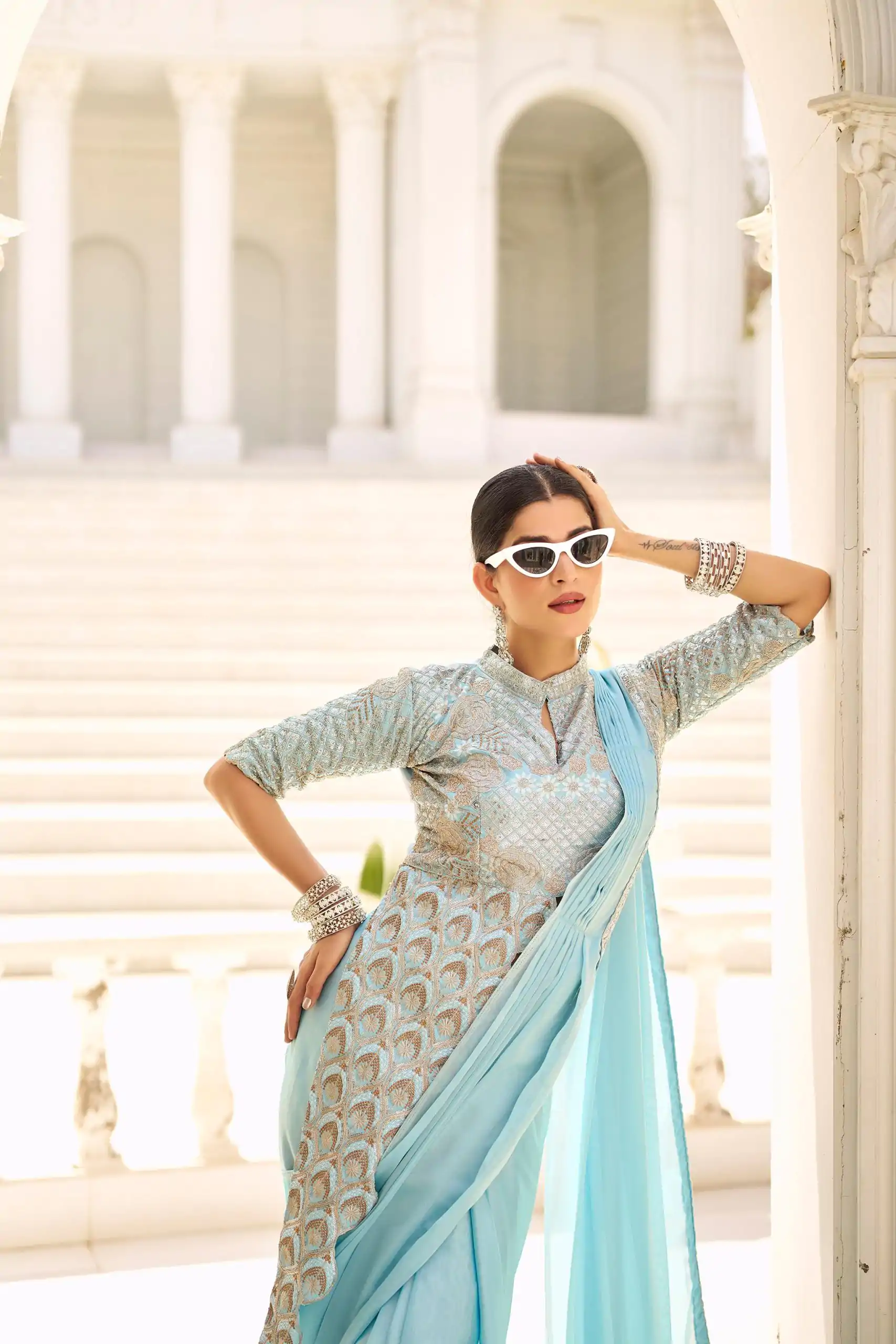 ST 1103 Sky Blue Color Chinon Embroidery Work Lace Border Saree Casual, Wedding, Festive, Events . Expected Delivery  4-6 Working Days @2099/- only                                                                                                                                           | Sarees, Bollywood Sarees, Creative Sarees, Designer Sarees, Embroidered Sarees, Ethnic Saree, Modern Digital sarees, Party Wear Sarees