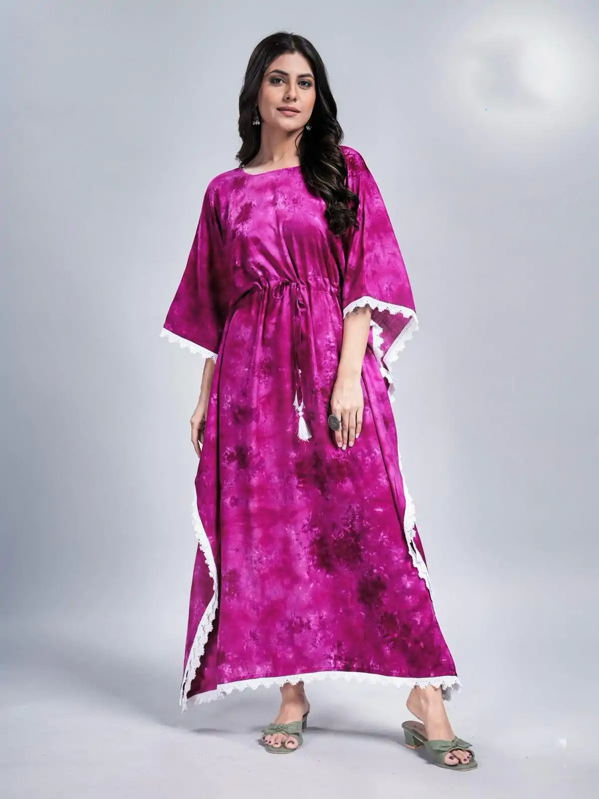 Glowing Rani Pink Color Rayon Slab Center Belt Kaftan Suit