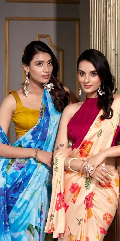 Gorgeous Cream Color Satin Silk Printed Saree