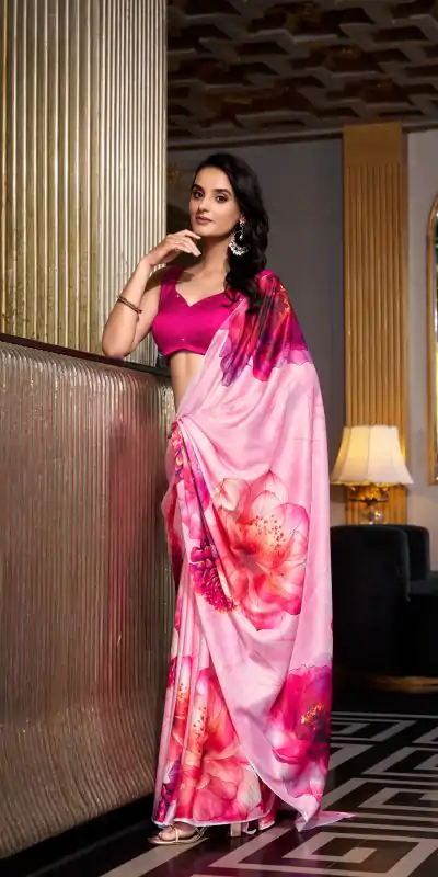 Gorgeous Pink Color Satin Silk Printed Saree