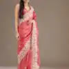 Stylist Peach Color Gold Crush Sequins Work Fancy Border Saree