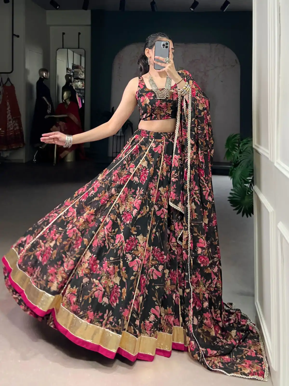 LNB 1672 Black Color Chiffon Floral Print Foil Print Embossed Design Lehenga Choli Wedding, Party, Festive, Events Etc. Delivery 4-6 Working Days Rs 3499 | Lehenga, Bollywood Lehenga, Creative Lehenga, Designer Lehenga, Embroidered Lehenga, Party Wear Lehenga