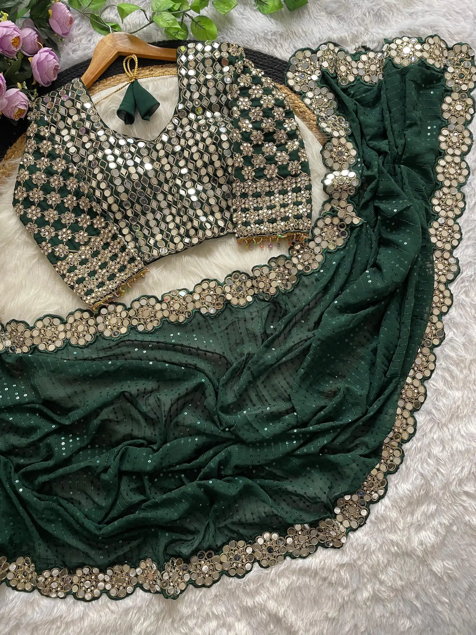 DF 3429 Bottle Green Color Faux Georgette 5mm Sequence Work Saree Casual, Wedding, Festive, Events . Expected Delivery  4-6 Working Days @2199/- only                                                 | Sarees, Bollywood Sarees, Creative Sarees, Designer Sarees, Embroidered Sarees, Ethnic Saree, Modern Digital sarees, Party Wear Sarees