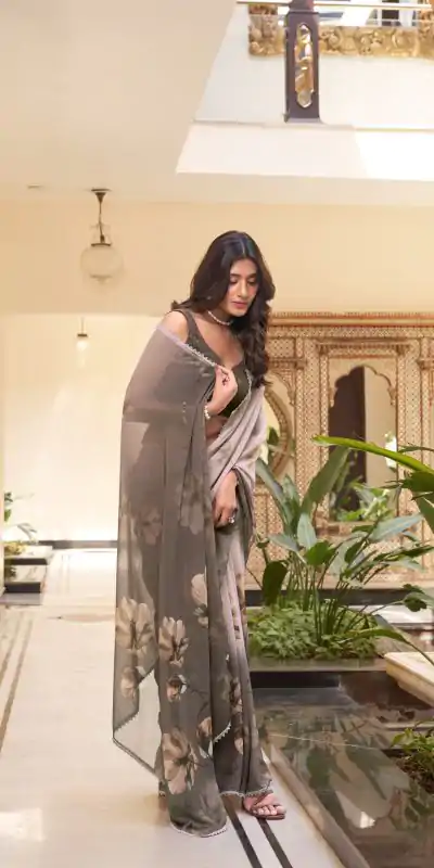 YNF 7038 Coffee Color Weightless Marbal Floral Printed Lace Border Saree Casual, Wedding, Festive, Events . Expected Delivery  4-6 Working Days @1549/- only                                                                                | Sarees, Bollywood Sarees, Creative Sarees, Designer Sarees, Embroidered Sarees, Ethnic Saree, Modern Digital sarees, Party Wear Sarees