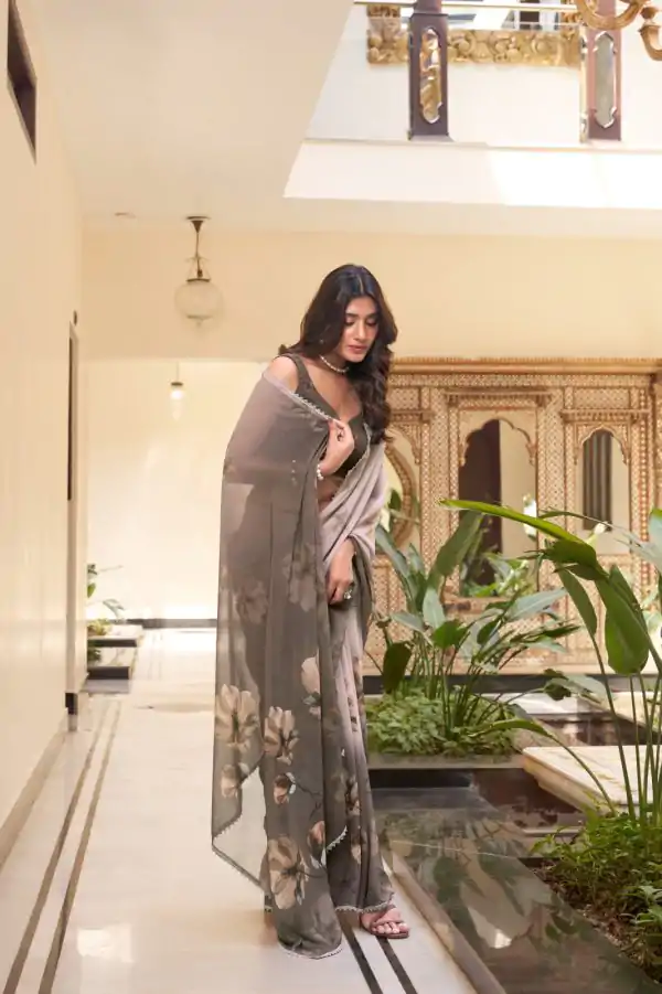 YNF 7038 Coffee Color Weightless Marbal Floral Printed Lace Border Saree Casual, Wedding, Festive, Events . Expected Delivery  4-6 Working Days @1549/- only                                                                                | Sarees, Bollywood Sarees, Creative Sarees, Designer Sarees, Embroidered Sarees, Ethnic Saree, Modern Digital sarees, Party Wear Sarees
