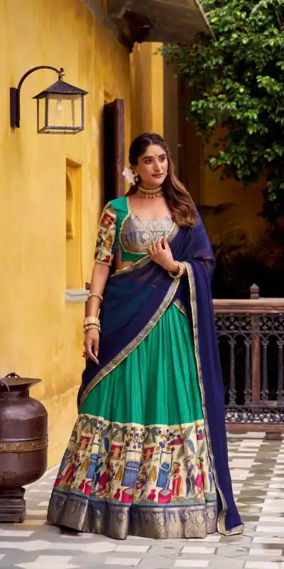 LNB 1242 Firozi Color Poly Chanderi Kalamkari Printed Zari Weaving Work Lehenga Choli Wedding, Party, Festive, Events Etc. Delivery 4-6 Working Days Rs 1899 | Lehenga, Bollywood Lehenga, Creative Lehenga, Designer Lehenga, Embroidered Lehenga, Party Wear Lehenga