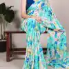 YNF 7017 Firozi Color Dull Satin Floral Printed Saree Casual, Wedding, Festive, Events . Expected Delivery  4-6 Working Days @1499/- only                                                                                | Sarees, Bollywood Sarees, Creative Sarees, Designer Sarees, Embroidered Sarees, Ethnic Saree, Modern Digital sarees, Party Wear Sarees