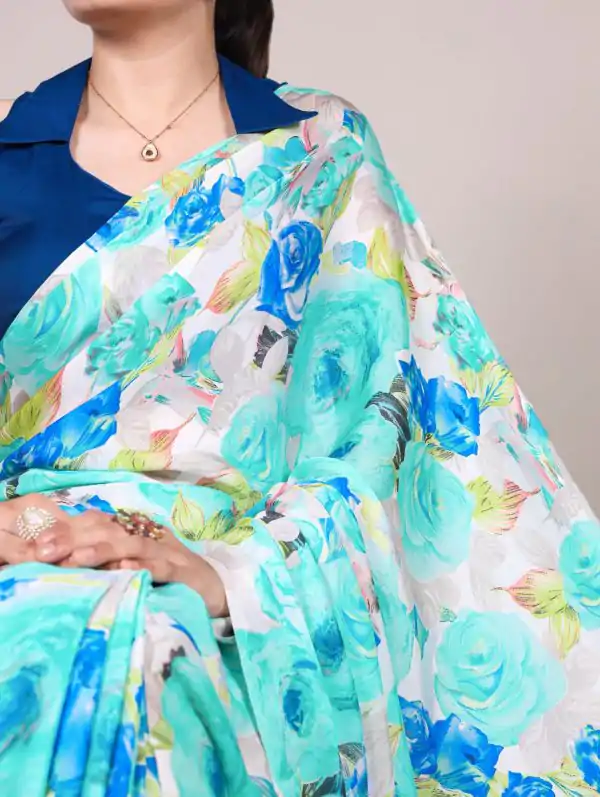 YNF 7017 Firozi Color Dull Satin Floral Printed Saree Casual, Wedding, Festive, Events . Expected Delivery  4-6 Working Days @1499/- only                                                                                | Sarees, Bollywood Sarees, Creative Sarees, Designer Sarees, Embroidered Sarees, Ethnic Saree, Modern Digital sarees, Party Wear Sarees