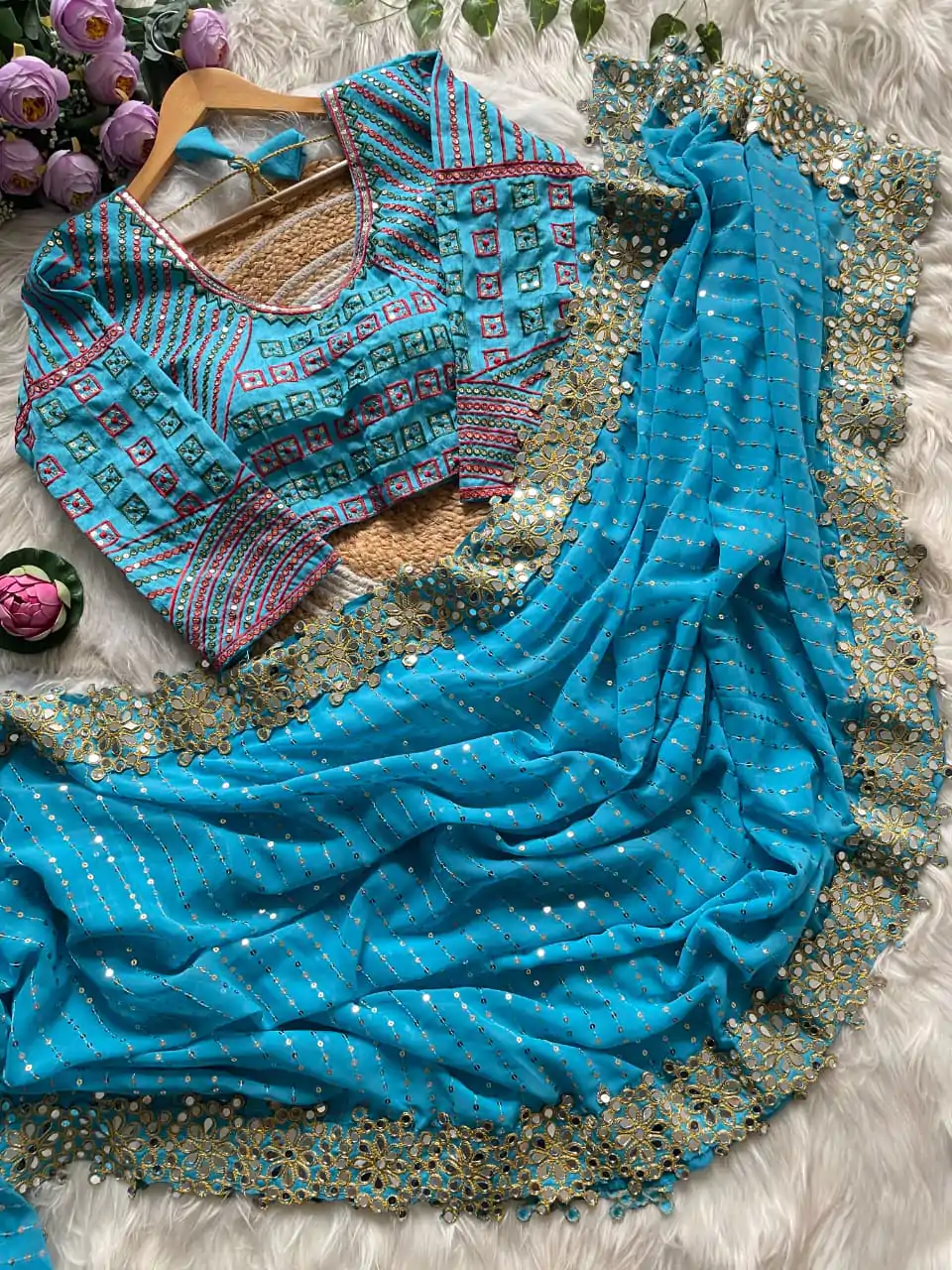 DF 3453 Firozi Color Faux Georgette 5mm Sequence Work Casual, Wedding, Festive, Events . Expected Delivery  4-6 Working Days @2099/- only                                                                                | Sarees, Bollywood Sarees, Creative Sarees, Designer Sarees, Embroidered Sarees, Ethnic Saree, Modern Digital sarees, Party Wear Sarees