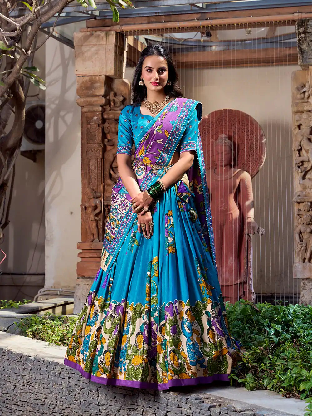 LNB 1236 Firozi Color Tasar Silk Kalamkari Print With Foil Work Lehenga Choli Wedding, Party, Festive, Events Etc. Delivery 4-6 Working Days Rs 2449 | Lehenga, Bollywood Lehenga, Creative Lehenga, Designer Lehenga, Embroidered Lehenga, Party Wear Lehenga