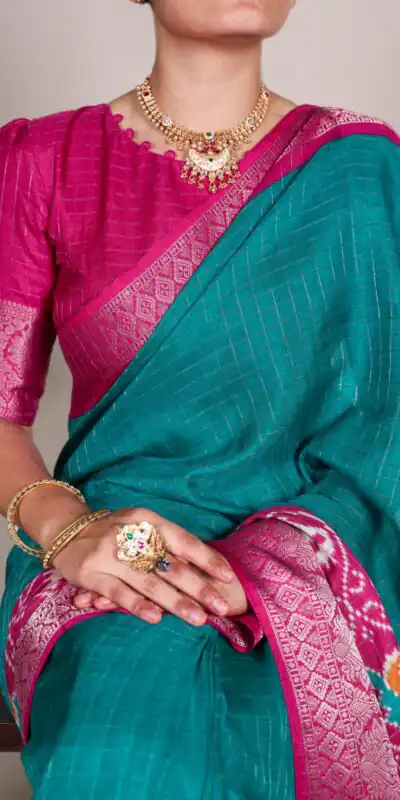 YNF 7029 Firozi Color Tussar Chex Patola Print Weaving Work Border Saree Casual, Wedding, Festive, Events . Expected Delivery  4-6 Working Days @1499/- only                                | Sarees, Bollywood Sarees, Creative Sarees, Designer Sarees, Embroidered Sarees, Ethnic Saree, Modern Digital sarees, Party Wear Sarees