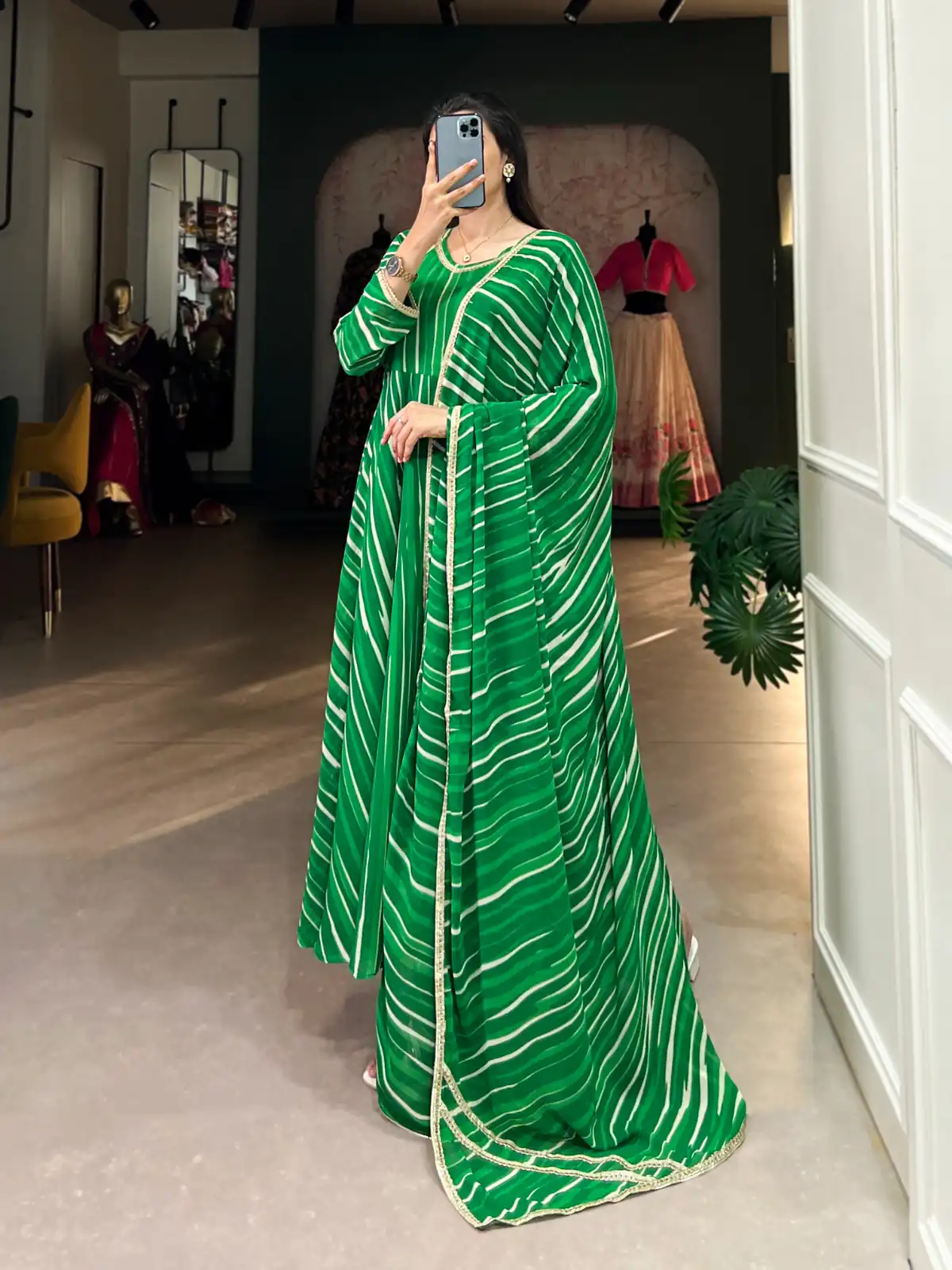 YNF 5026 Green Color Georgette Leheriya Georgette With Lace Touch Up Gown Casual, Wedding, Festive, Events . Expected Delivery  4-6 Working Days @1799/- only      | Gowns, Bollywood Gowns, Creative Gowns, Designer Gowns, Embroidered Gowns, Party Wear Gowns
