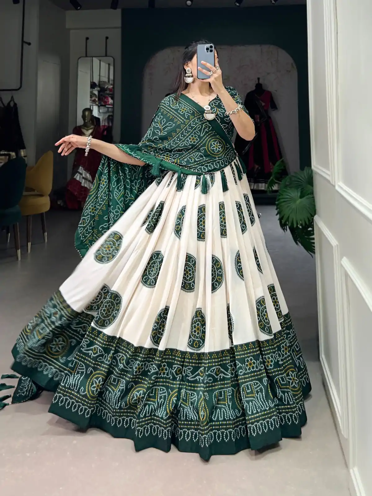 LNB 1229 Green Color Tasar Silk Bandhej Print Lehenga Choli Wedding, Party, Festive, Events Etc. Delivery 4-6 Working Days Rs 2249 | Lehenga, Bollywood Lehenga, Creative Lehenga, Designer Lehenga, Embroidered Lehenga, Party Wear Lehenga