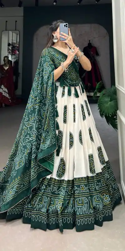 LNB 1229 Green Color Tasar Silk Bandhej Print Lehenga Choli Wedding, Party, Festive, Events Etc. Delivery 4-6 Working Days Rs 2249 | Lehenga, Bollywood Lehenga, Creative Lehenga, Designer Lehenga, Embroidered Lehenga, Party Wear Lehenga