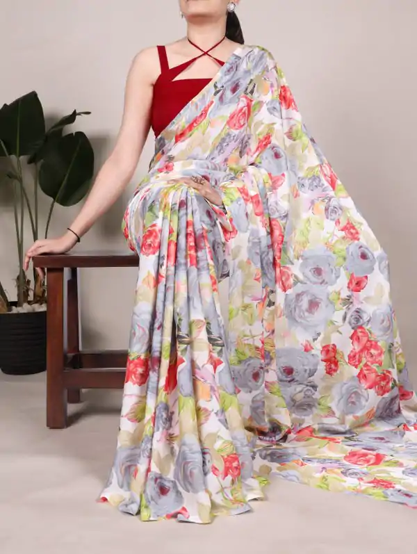 YNF 7017 Grey Color Dull Satin Floral Printed Saree Casual, Wedding, Festive, Events . Expected Delivery  4-6 Working Days @1499/- only                                                                                | Sarees, Bollywood Sarees, Creative Sarees, Designer Sarees, Embroidered Sarees, Ethnic Saree, Modern Digital sarees, Party Wear Sarees