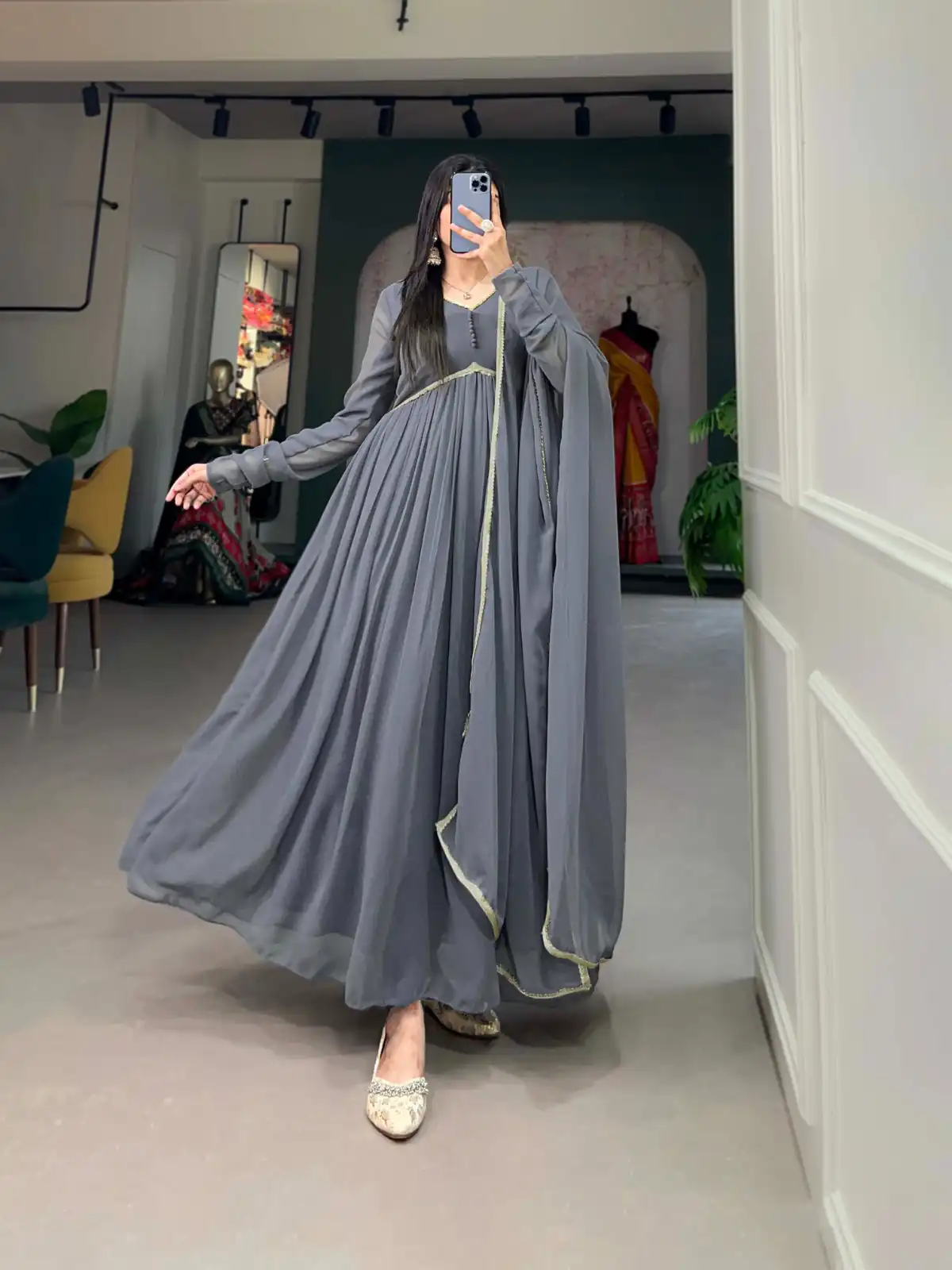 YNF 5102 Grey Color Georgette Plain Sequins Embroidery Lace Gown Casual, Wedding, Festive, Events . Expected Delivery  4-6 Working Days @1749/- only      | Gowns, Bollywood Gowns, Creative Gowns, Designer Gowns, Embroidered Gowns, Party Wear Gowns