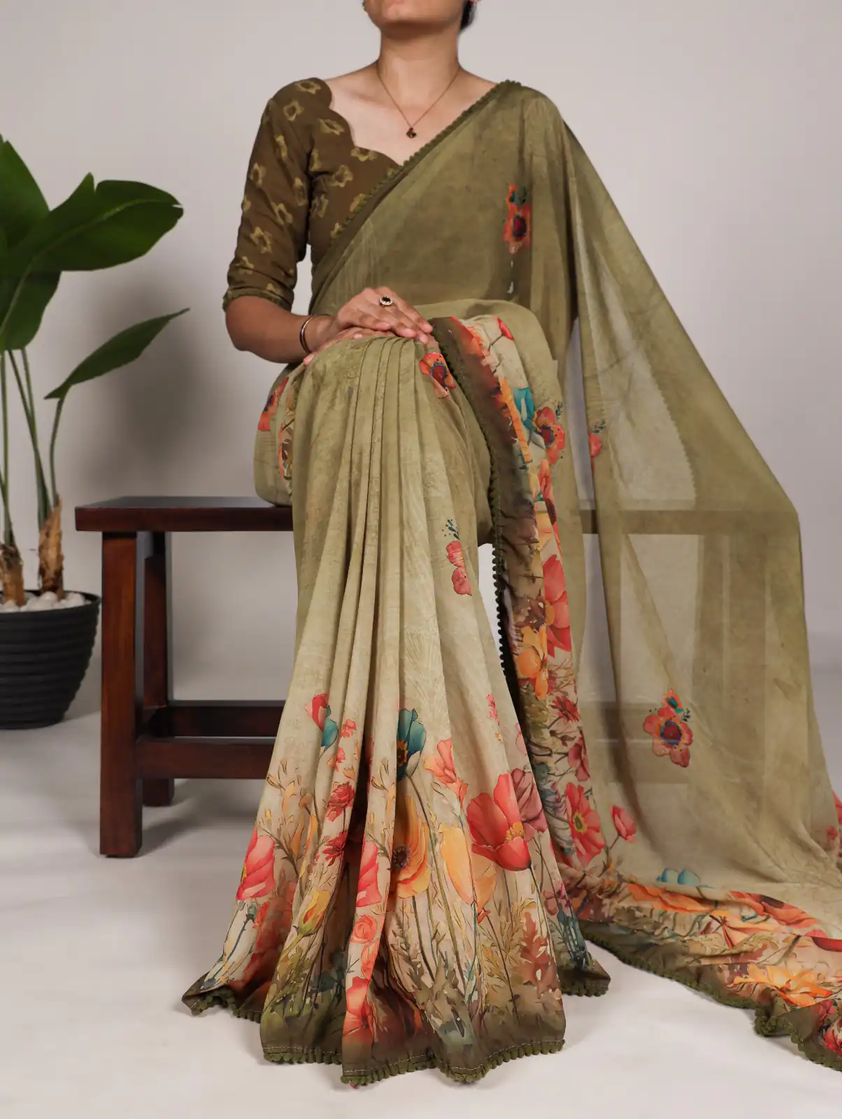 YNF 7009 Mahendi Color Georgette Floral Print With Lace Border Saree Casual, Wedding, Festive, Events . Expected Delivery  4-6 Working Days @1299/- only                                                                                | Sarees, Bollywood Sarees, Creative Sarees, Designer Sarees, Embroidered Sarees, Ethnic Saree, Modern Digital sarees, Party Wear Sarees