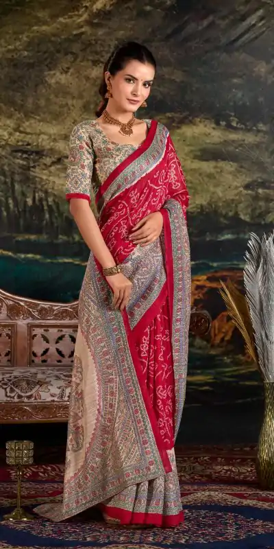 YNF 7209 Maroon Color Green Silk Fusion Print Madhubani Bandhej Saree Casual, Wedding, Festive, Events . Expected Delivery  4-6 Working Days @1499/- only                                                                                | Sarees, Bollywood Sarees, Creative Sarees, Designer Sarees, Embroidered Sarees, Ethnic Saree, Modern Digital sarees, Party Wear Sarees