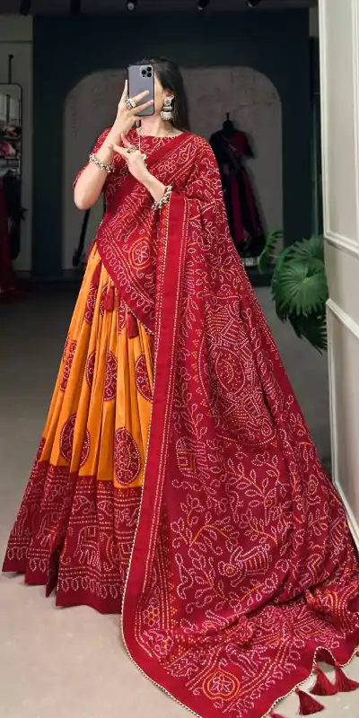 LNB 1229 Mustard Color Tasar Silk Bandhej Print Lehenga Choli Wedding, Party, Festive, Events Etc. Delivery 4-6 Working Days Rs 2249 | Lehenga, Bollywood Lehenga, Creative Lehenga, Designer Lehenga, Embroidered Lehenga, Party Wear Lehenga