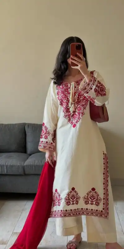 BE 386 Off White Color Roman Silk Embroidery Work Salwar Suit Casual, Wedding, Festive, Events . Expected Delivery  4-6 Working Days @1899/- only      | Jump Suits, Salwar suit, Casual Suits, Creative suits, Designer Suits, Palazzo Suits, Party Wear Suits, Patiala Suits, Straight Suits
