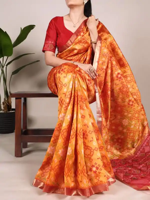 YNF 7416 Orange Color Jacquard Silk Patola Print Zari Weaving Work Saree Casual, Wedding, Festive, Events . Expected Delivery  4-6 Working Days @2599/- only                                                                                | Sarees, Bollywood Sarees, Creative Sarees, Designer Sarees, Embroidered Sarees, Ethnic Saree, Modern Digital sarees, Party Wear Sarees
