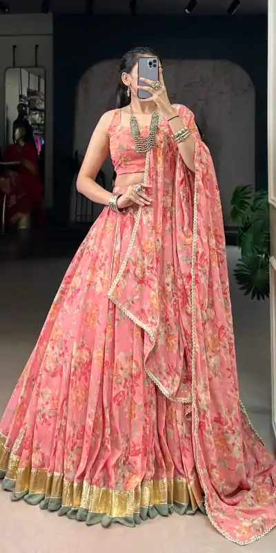 LNB 1672 Peach Color Chiffon Floral Print Foil Print Embossed Design Lehenga Choli Wedding, Party, Festive, Events Etc. Delivery 4-6 Working Days Rs 3499 | Lehenga, Bollywood Lehenga, Creative Lehenga, Designer Lehenga, Embroidered Lehenga, Party Wear Lehenga