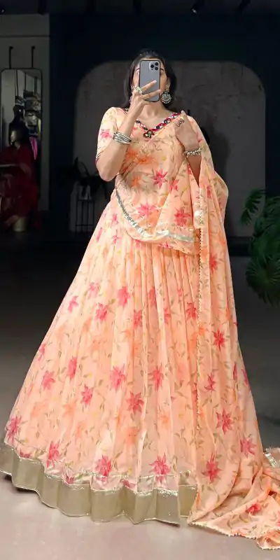 LNB 1716 Peach Color Tabby Silk Floral Print Embossed Design Lace Lehenga Choli Wedding, Party, Festive, Events Etc. Delivery 4-6 Working Days Rs 2499 | Lehenga, Bollywood Lehenga, Creative Lehenga, Designer Lehenga, Embroidered Lehenga, Party Wear Lehenga