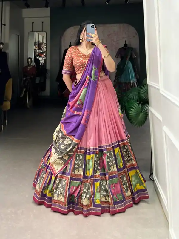 LNB 1235 Peach Color Tasar Silk Kalamkari With Foil Work Lehenga Choli Wedding, Party, Festive, Events Etc. Delivery 4-6 Working Days Rs 2499 | Lehenga, Bollywood Lehenga, Creative Lehenga, Designer Lehenga, Embroidered Lehenga, Party Wear Lehenga