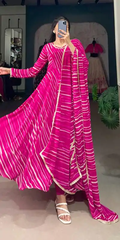 YNF 5026 Pink Color Georgette Leheriya Georgette With Lace Touch Up Gown Casual, Wedding, Festive, Events . Expected Delivery  4-6 Working Days @1799/- only      | Gowns, Bollywood Gowns, Creative Gowns, Designer Gowns, Embroidered Gowns, Party Wear Gowns