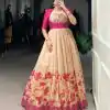 YNF 5027 Pink Color Green Silk Printed Gown Casual, Wedding, Festive, Events . Expected Delivery  4-6 Working Days @1799/- only      | Gowns, Bollywood Gowns, Creative Gowns, Designer Gowns, Embroidered Gowns, Party Wear Gowns