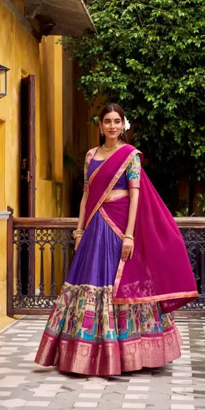 LNB 1242 Purple Color Poly Chanderi Kalamkari Printed Zari Weaving Work Lehenga Choli Wedding, Party, Festive, Events Etc. Delivery 4-6 Working Days Rs 1899 | Lehenga, Bollywood Lehenga, Creative Lehenga, Designer Lehenga, Embroidered Lehenga, Party Wear Lehenga